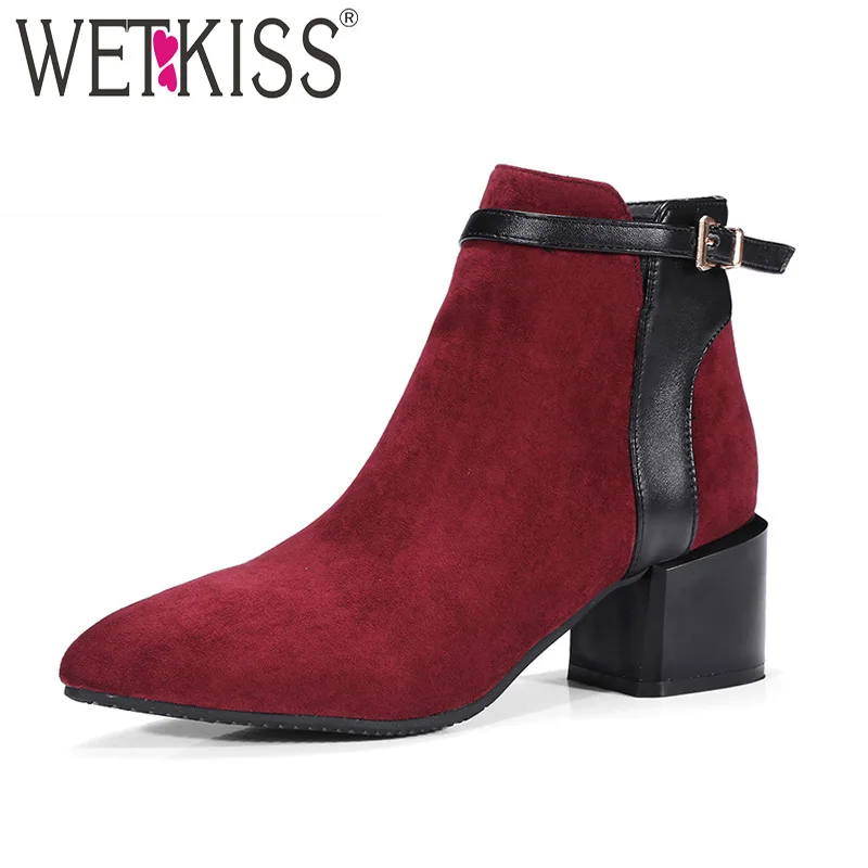 

WETKISS Autumn New High Heels Woman Ankle Boots Short Plush Flock Footwear Winter Fashion Boots 2018 Pointed Toe Female Shoes