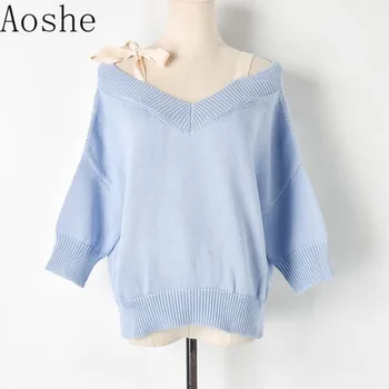 

Women Blouse 2019 new Shoulder Belt Butterfly Knot Blue Shoulder Loose Short Knitted Shirt Women's Style