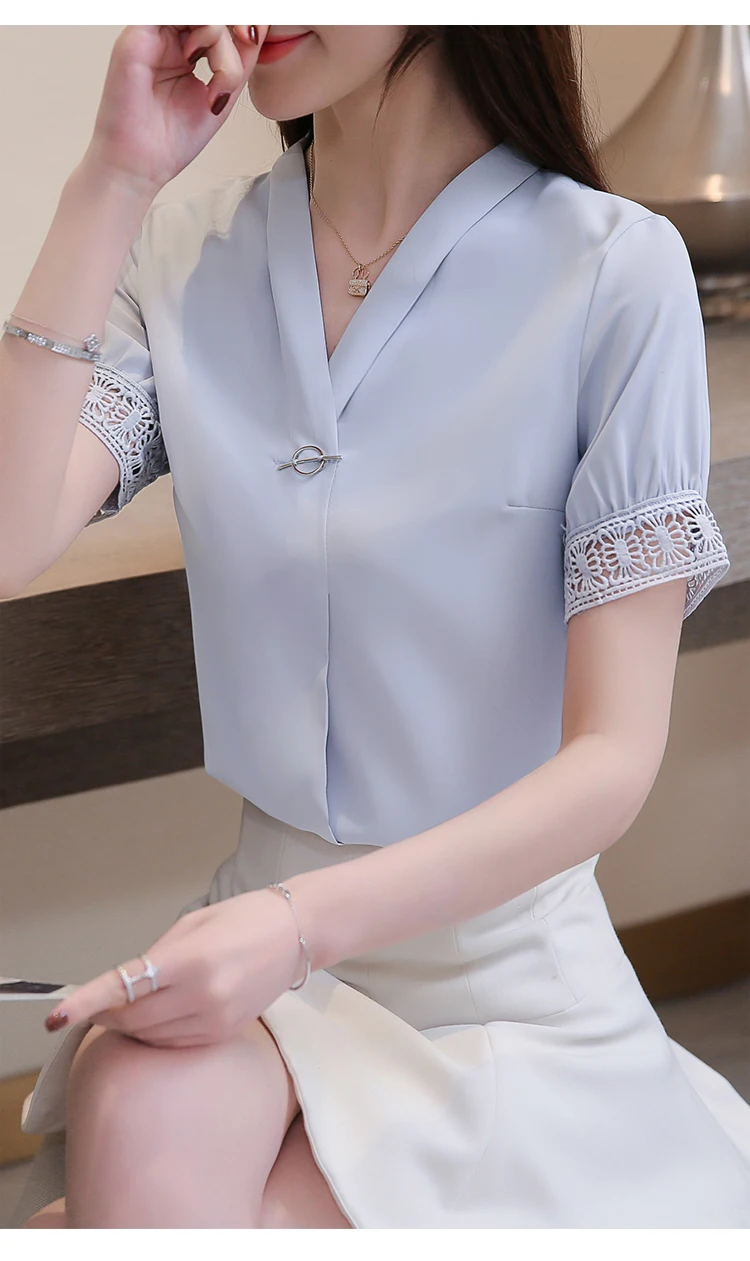 Модные женские топы и блузки блузка шифоновая рюшами Рубашки блузка v-образным вырезом женская рубашка блуза однотонная 3440 50