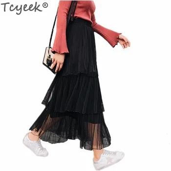 

Tcyeek Summer Clothes for Women Long Mesh Skirts Newest Fashion Solid High Waist Skirt Office Ladies Streetwear Clothing LWL375