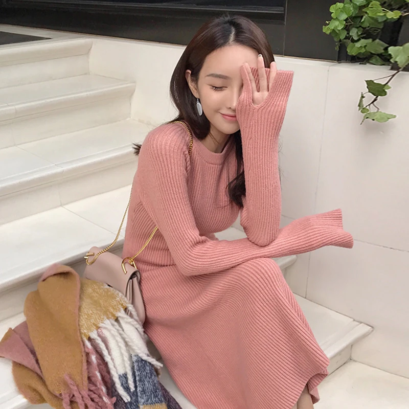 2017 new winter Korean slim knit dress female knee thickening in the