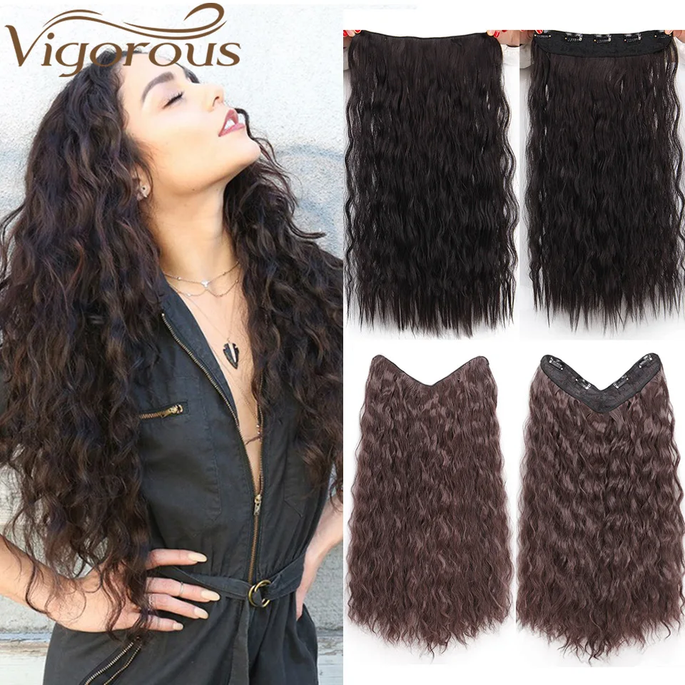 

Vigorous Long 5 Clips Hair Extension Synthetic Wave Wave Natural Hair Black 22 Inch V-Part 4 Clips Hairpieces for Girls