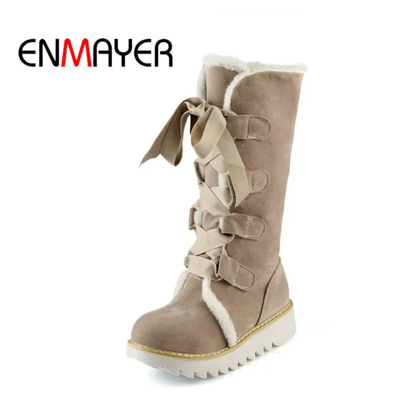 Женские сапоги на толстом меху ENMAYER теплые винтажные до колена платформе со
