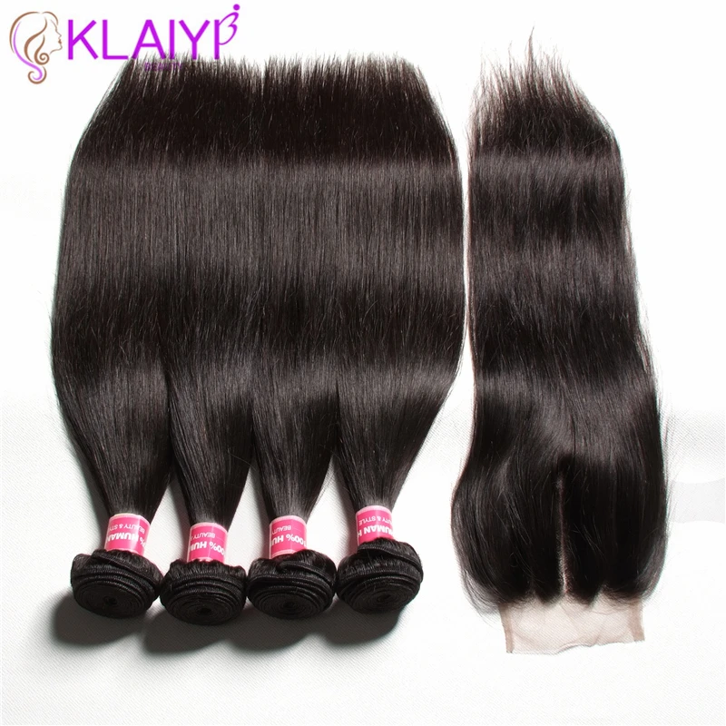 KLAIYI HAIR Malaysian Straight Hair Bundles With Closure 100% Human Hair Extension 3 Bundles With Closure Remy Hair FreeShipping