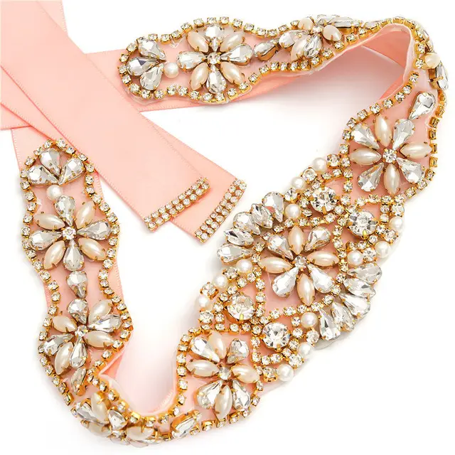 MissRDress Wedding Rhinestones Bridals Belt Pearls Crystal Bridal Belt Jeweled Bridal Sash For Wedding Dresses Pearl Belts JK806 Gold---blush