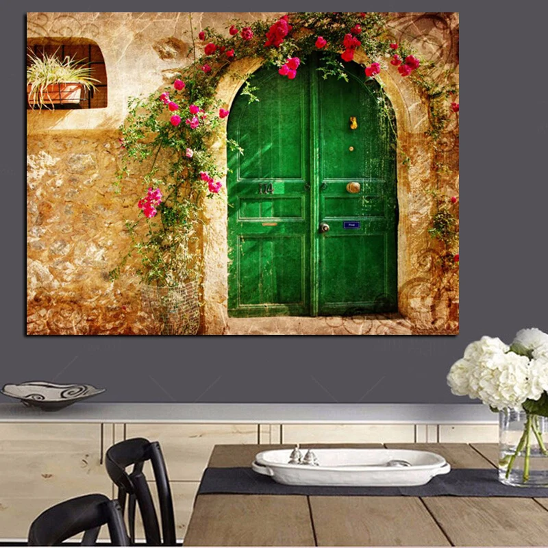 Digital Prints 3d European Old House With Green Doors Oil Painting