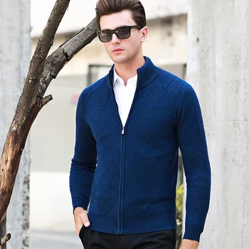

new 100% Pure Wool Thickened Jacquard Men Cardigan Sweater Autumn Winter Jacket Zipper Computer Knitted Mandarin Collar size XXL