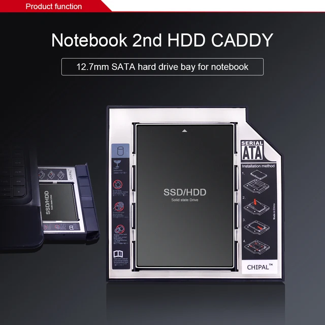 CHIPAL 2nd HDD Caddy 12.7mm Aluminum Optibay SATA 3.0 Hard Disk Drive Box Enclosure DVD Adapter 2.5 SSD 2TB For Laptop CD-ROM -