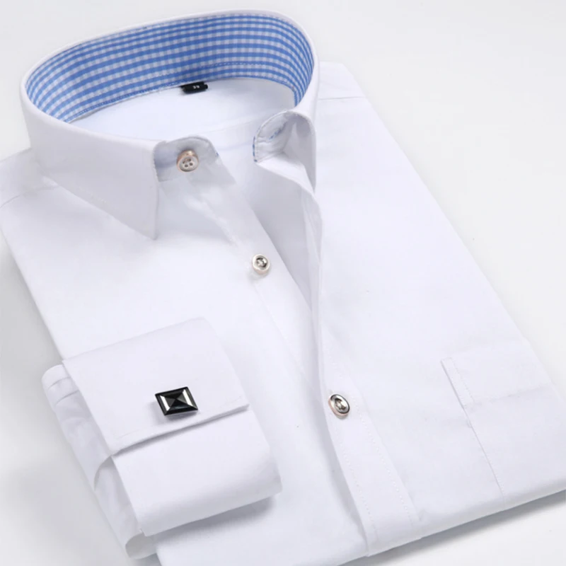 French Cuff Shirts Mens Long Sleeve Formal Business Dress Shirt Solid Twill Party Wedding Tuxedo Clothing with Cufflinks