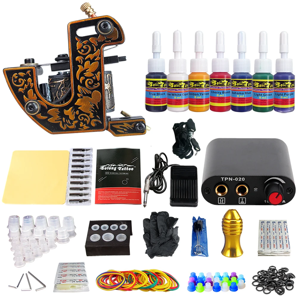 

Solong Tattoo Complete Tattoo Machine Set 7 Ink Needles Power Supply TK105-59