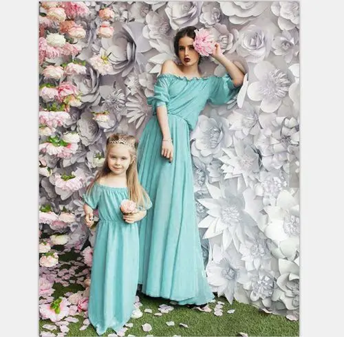 Платья для мамы и дочки; модные Семейные комплекты с рукавами в богемном стиле; коллекция 3/4 года; шифоновое платье для мамы и дочки; одежда для семьи - Цвет: Небесно-голубой