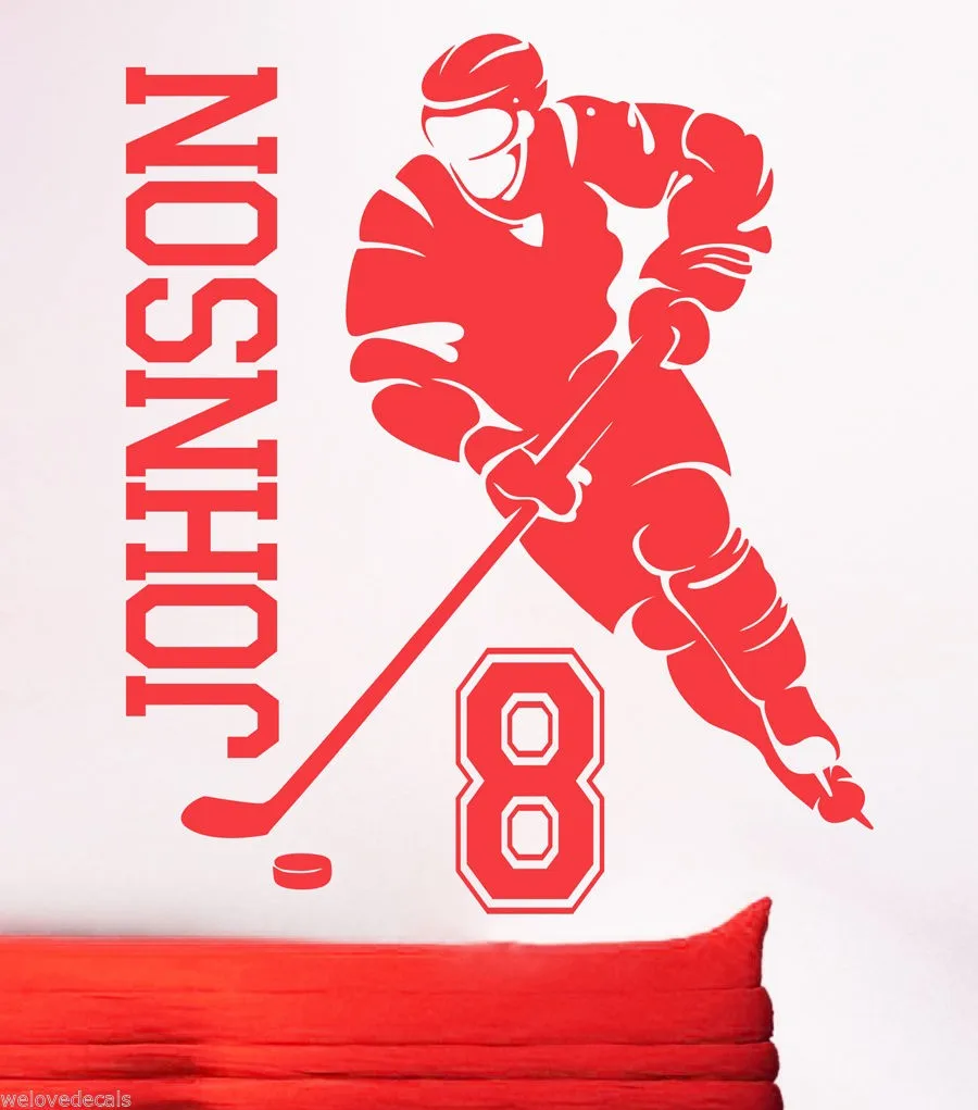 Съемный пользовательское имя и номер хоккейного плеера виниловые наклейки на стену спортивный домашний декор настенные наклейки для хоккея KW-258 - Цвет: red
