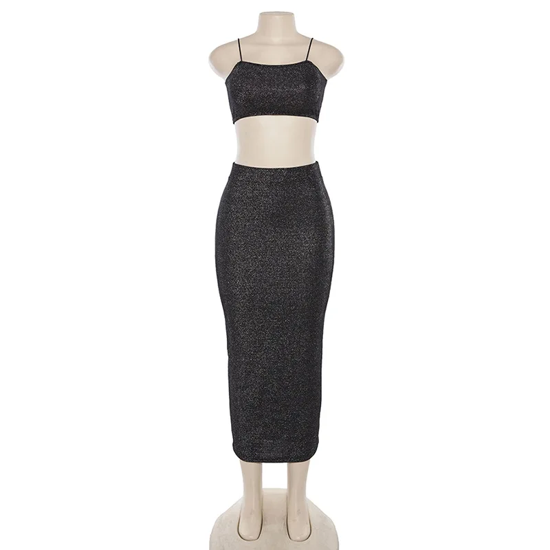 FHTEX блестящий топ-болеро и юбка-карандаш с высокой талией, облегающая длинная юбка, комплект из 2 предметов, Сексуальные облегающие юбки-Карандаш Макси - Цвет: Черный