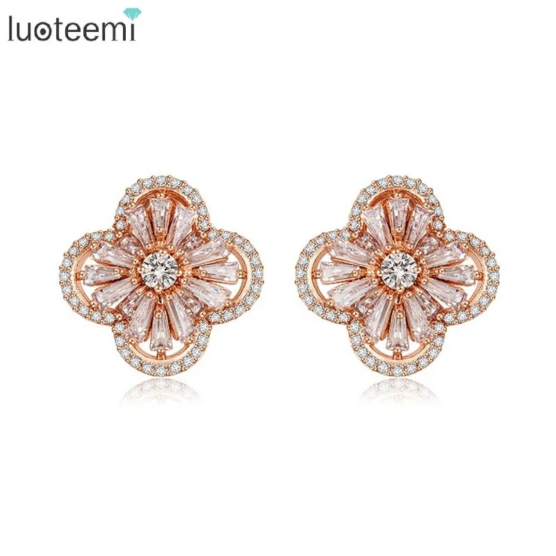 LUOTEE качество кубический циркон Настройка Мода Дубай розовое золото цвет цветок серьги гвоздики для невесты свадебные ювелирные изделия