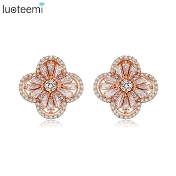 

LUOTEE Quality Cubic Zircon Setting Fashion Dubai Rose Gold Color Flower Stud Earrings For Bridal Wedding Jewelry