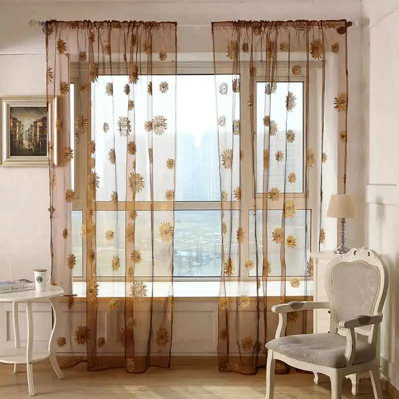 

1pc Pastoral Style Yellow Sunflower Window Tulle curtains For Living Room Bedroom Kitchen Balcony Curtains Voile Home Decoration