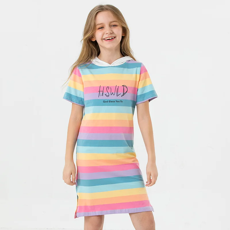 Повседневное детское летнее платье трапециевидной формы в полоску с капюшоном для девочек милое детское платье с буквенным принтом подростковая одежда для студентов для детей возрастом 6, 8, 10, 12, 14 лет