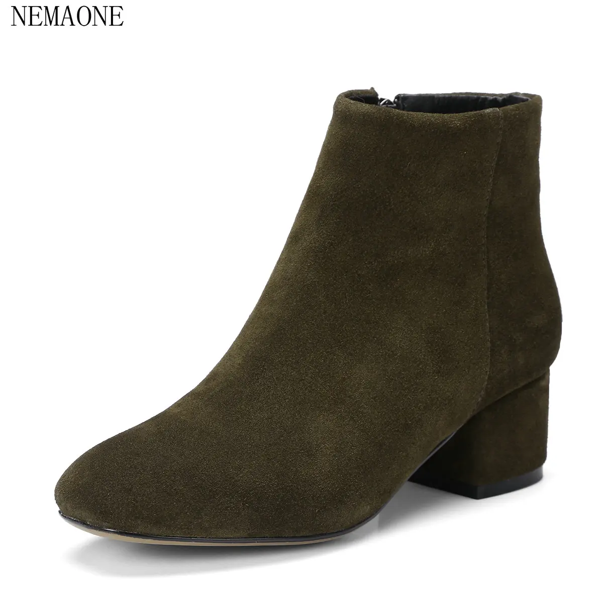 

NEMAONE 2018 Vintage Style Cow Suede Women Boots High Heel Boots Round Toes Ankle Boots