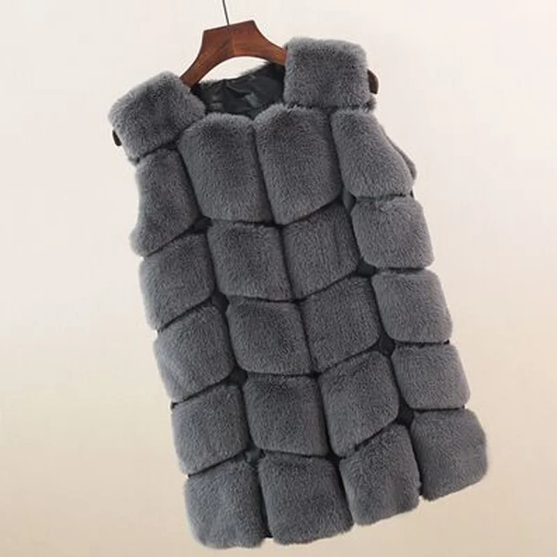 Модные нейтральные искусственного меха пальто Для женщин зимние без рукавов из искусственного лисьего меха Повседневная куртка женская верхняя одежда Для женщин пальто 5XL - Цвет: Темно-серый