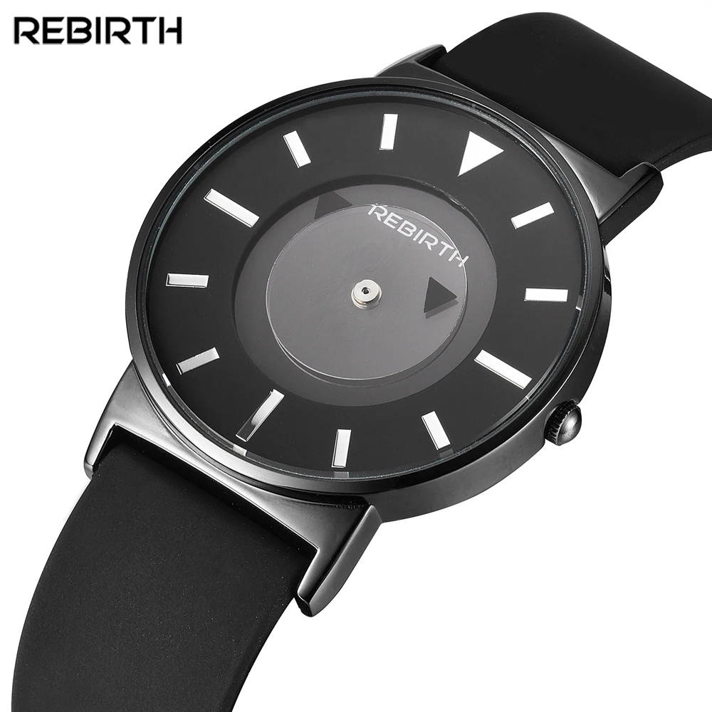 

REBIRTH Men Woman Quartz Watch Ultra-thin Concept Brand Watches Transparent Pointer Black Silicone Strap Fashion New Wristwatch