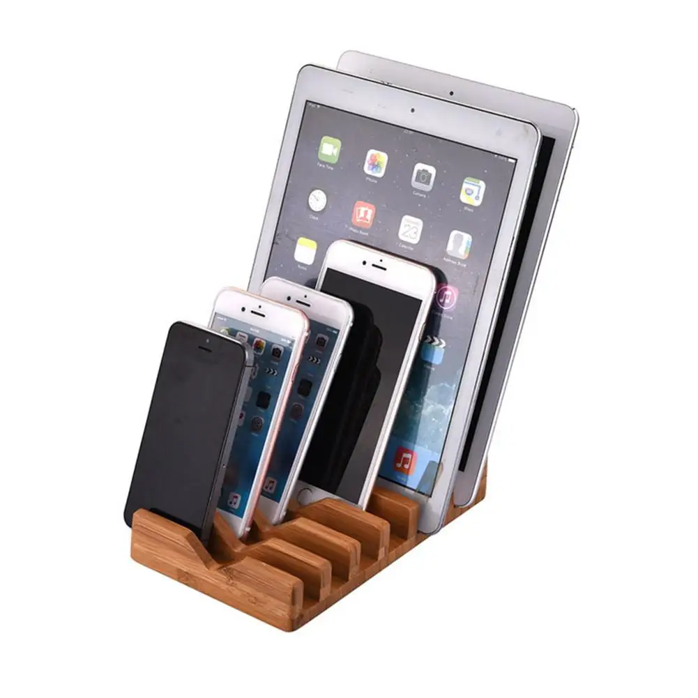 6 slot Natural Bamboo Wood Multi Device Charging Station Dock Organizer