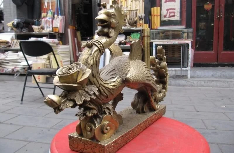 

10"Chinese myth fame Pure Brass exquisite craftwork flower phoenix Bird statuary