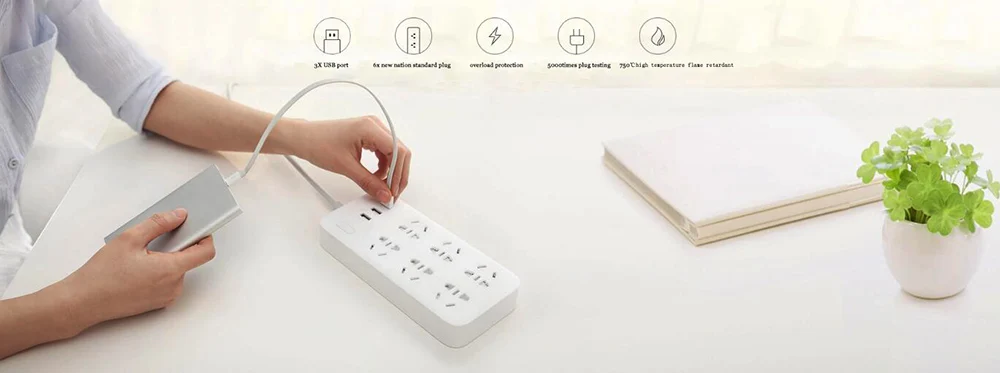 XIAOMI MIJIA Smart Power Strip 2A Fast Charging 3 USB Extension Socket Plug 6 Standard Socket Adapter 1.8m 100% Original (2)
