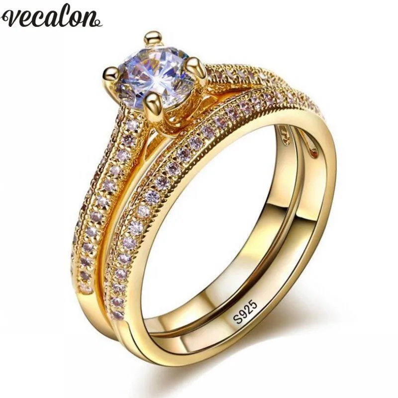 Vecalon 3 colors Lovers ring Set 5A Zircon Cz Gold Filled 925 silver Engagement wedding Band rings for women Bridal Jewelry