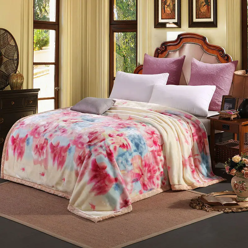 

Double Layer Warm Fluffy Mink Blanket Super Soft Floral Print Winter Thick Quilt Single Bed Double Bed Chunky Raschel Blankets