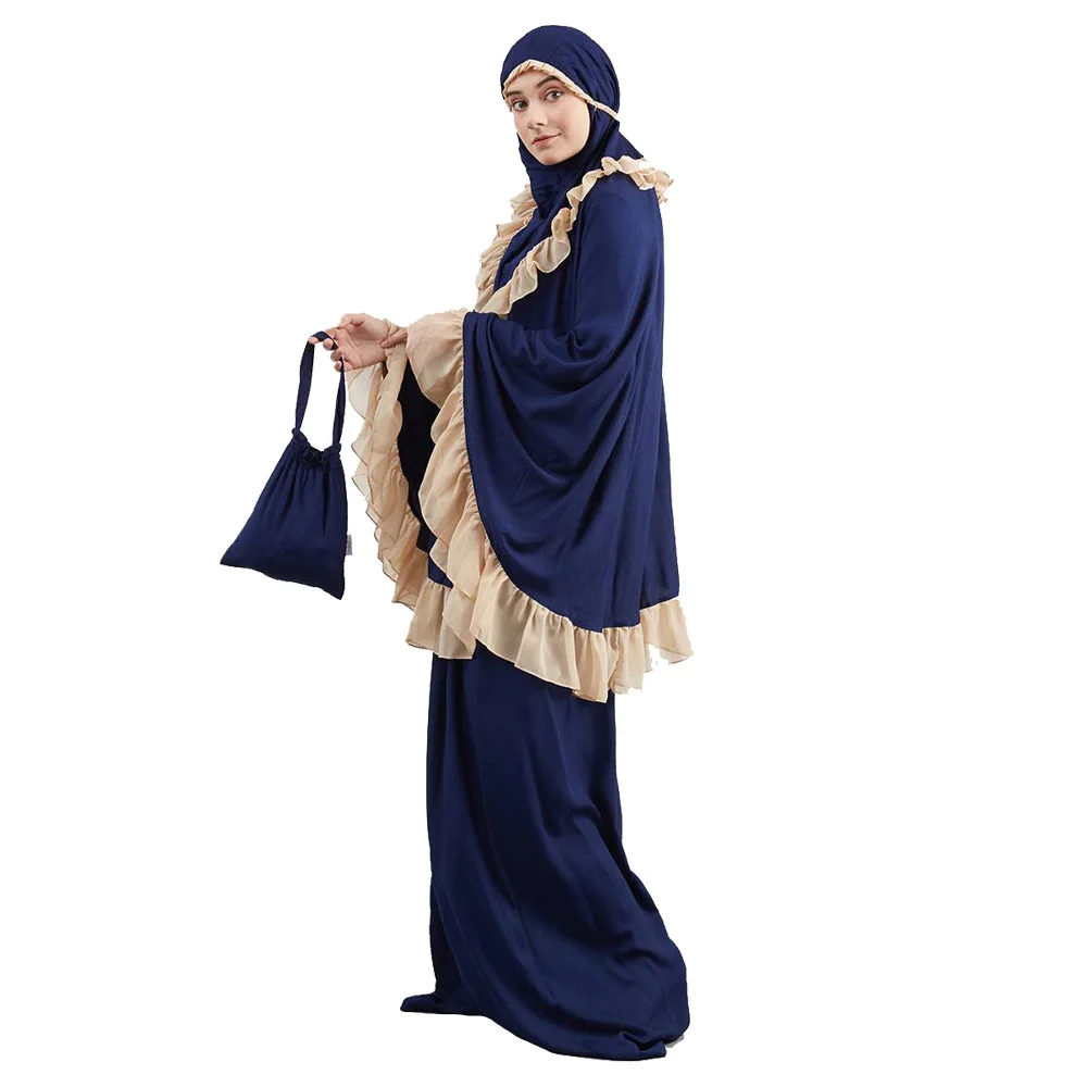 Muslim Worship Lady Thobe Gown Hijab Prayer Bat Sleeve Middle East Robe Islamic With Hood Abaya Praying Lace edge Hijab Dress