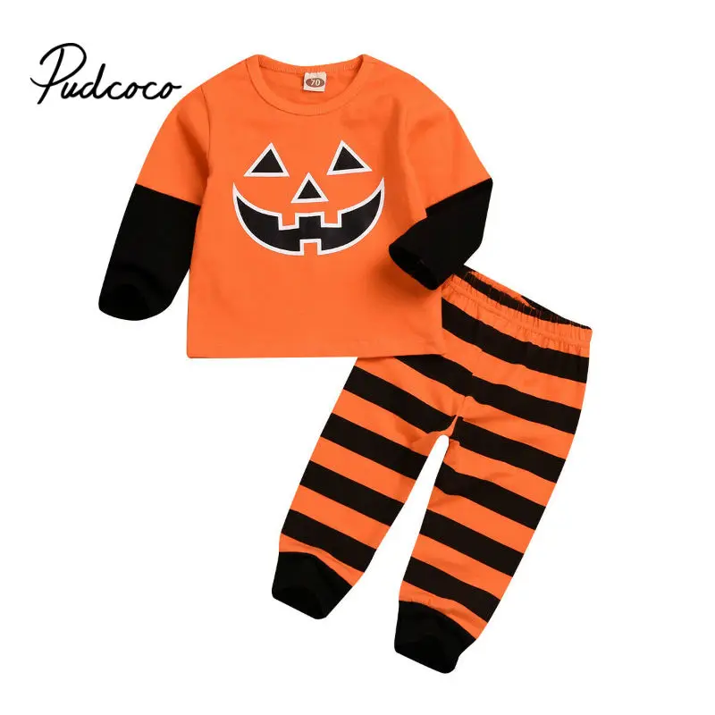 Halloween Newly Cosplay Toddler Baby Kid Boys Girls Pumpkin Print Sweatshirts Tops+Stripe Long Pants Baby Clothes 2PCS Costumes
