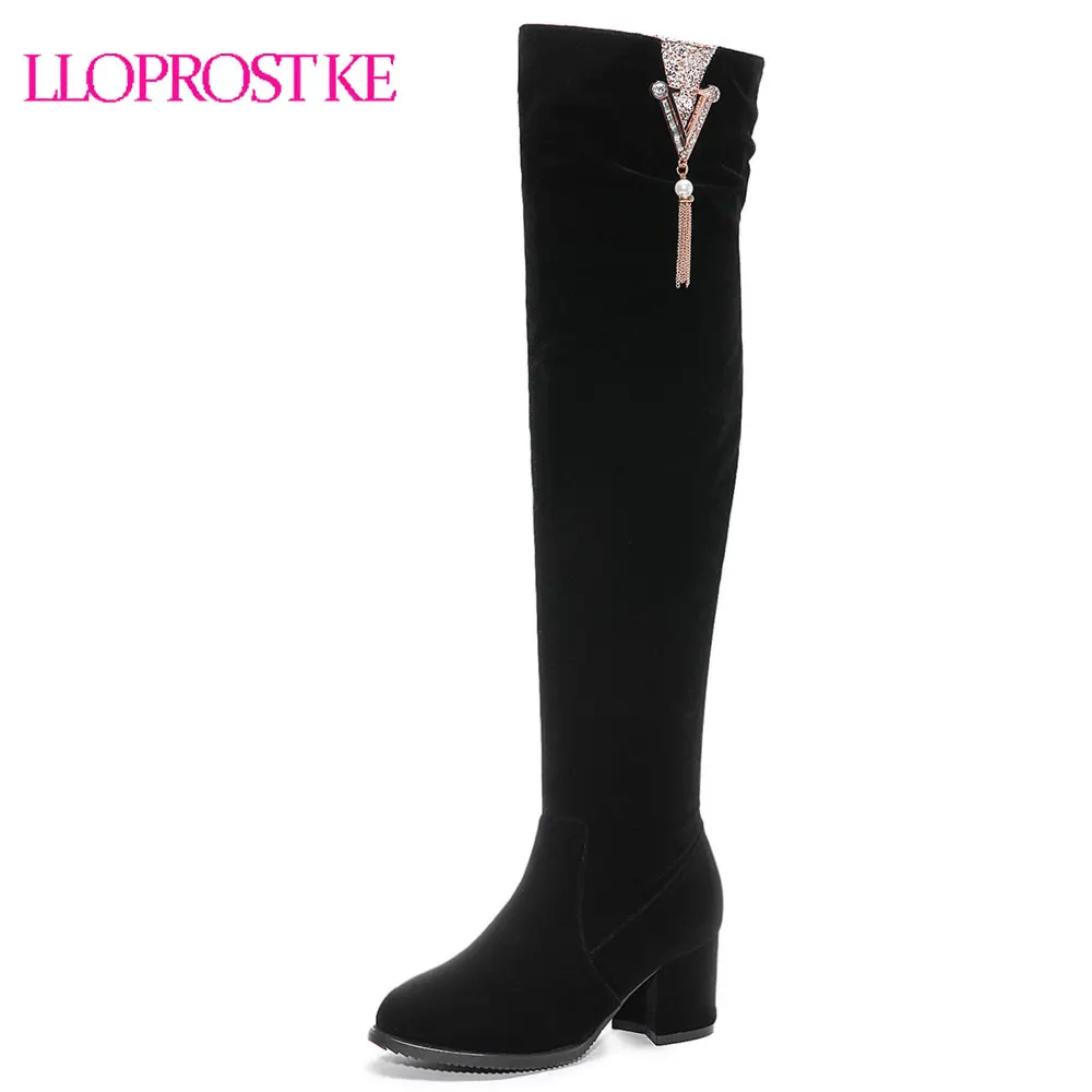 

Lloprost ke 2018 new short plush autumn winter long boots zipper flock elegant prom high heels shoes thigh high boots women D136