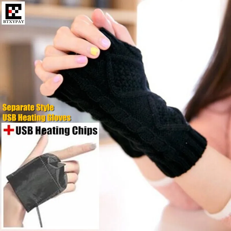 

Winter Warm Girl Students Homework Separate Style USB Heating Gloves,Women Office Hand Back Heated Knitted Fingerless Gloves