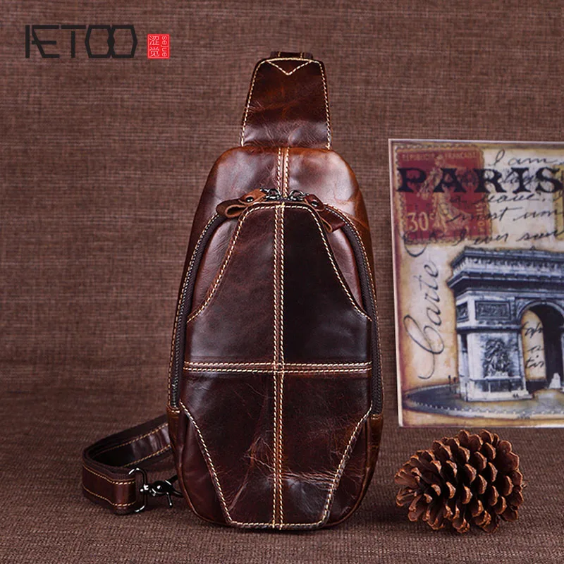 

AETOO Spring and summer new leather chest baby men leisure fashion oil wax leather Messenger bag