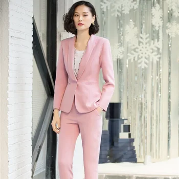 

Fashion Pink Spring Fall Pantsuits With Jackets And Pants For Ladies Office Uniform Designs Women Blazers Work Wear Pants Sets
