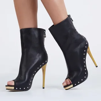 

Hot Sale Open Toe Black Booties Mujer Open Toe Metallic Rivets Studded Gladiator Shoes Stiletto Party Club Ankle Boots Women