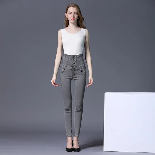 Women's summer zipper button high waist smoke gray jeans fat MM large size corset pencil pants trousers Women's summer zipper button high waist smoke gray jeans fat MM large size corset pencil pants trousers