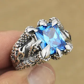 

LINSION Huge Blue CZ Stone 925 Sterling Silver Dragon Claw Ring Mens Boys Biker Rock Punk Ring 8T102
