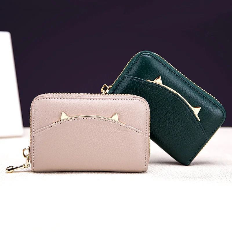 

Genuine Leather Sweet Cat Organ Card Holder Wallet Women Lady Cowhide Credit Card Driving License Bag Coin Purse Pouch Cases
