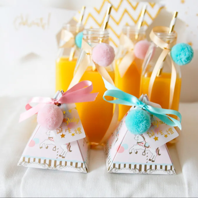 20 х розовый/синий треугольной пирамиды Baby Shower Коробки конфет дня крестильное платьице для малышей партия Подарочная коробка с Ленты и теги и шары