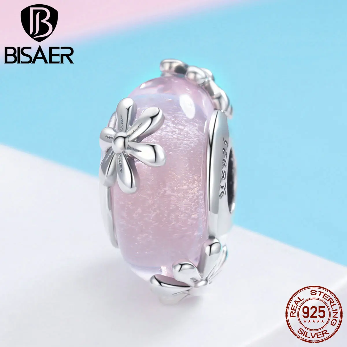 

BISAER 925 Sterling Silver Beads Daisy Flower Pink European Murano Glass Beads fit Bracelets Authentic Silver Jewelry ECC860