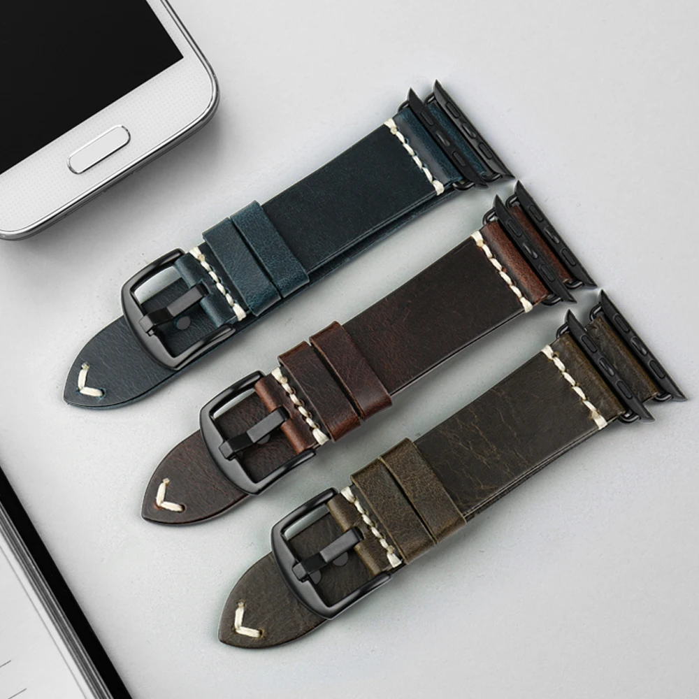 MAIKES Leather Strap Replacement For Apple Watch Band 44mm 40mm 42mm 38mm Series 4 3 2 iWatch Vintage Oil Wax Leather Watchband