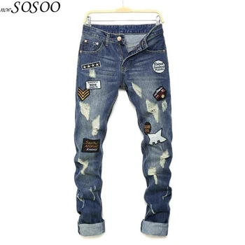

New man jeans denim pants knees holes letter printing high quality hip hop fashion Classic Design jeans men #8811