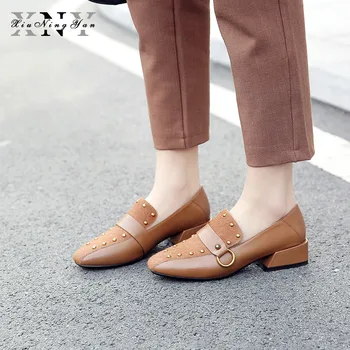 

XiuNingYan 2019 Women Flats Spring Casual Shoes Square Heel Genuine Leather+horseHair Black Square Toe Ladies Dress Shoes Woman