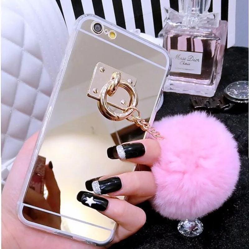 

For Iphone XR XS MAX Metal Rope Rabbit Fur Ball Mirror Case For iPhone X 10 8 7 6 6S Plus 5 SE 5S Back Cover Case Coque Shell