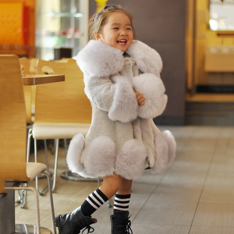 

Sweet Child Kids Girls Faux Fur Furry Warm Jacket Parka Trench Coat Fashion 1-8Y