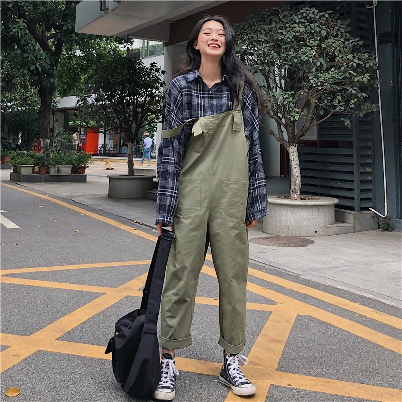 green Женские комбинезоны, свободные, корейский стиль, Harajuku, мягкие, простые, повседневные, модные, женские, Ретро стиль, с карманами, одноцветные, комбинезон, длинные брюки, на каждый день - Цвет: green