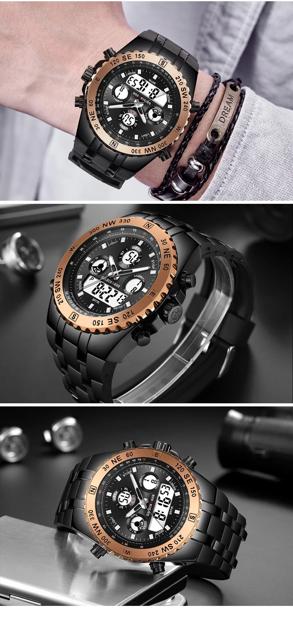 GOLDENHOUR Männer Sportuhren Analog Digital Dual Display Mann Outdoor Militär Schwarz Gummi Armbanduhr Leuchtend_voghion.com
