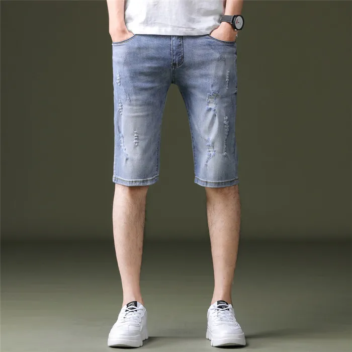 Укороченные мужские джинсы новейший хлопок стрейч микро эластичные голубые джинсы по колено шорты светло-голубой способ очистки облегающие шорты