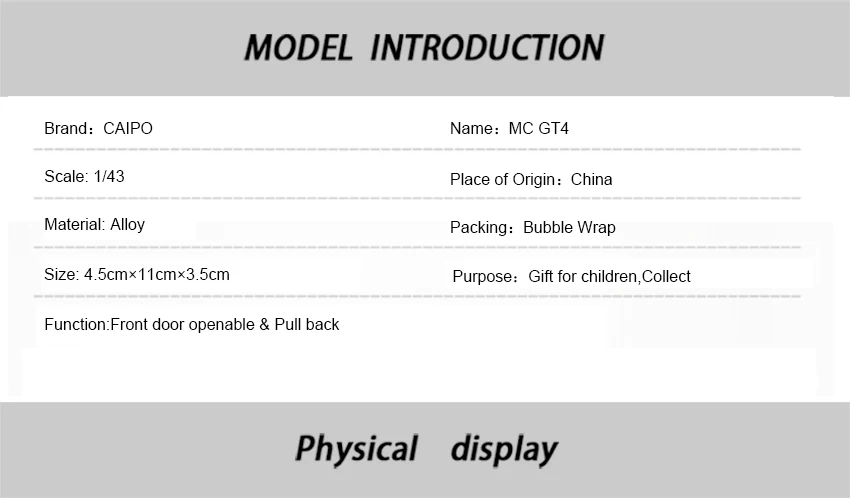 Новое поступление Caipo 1:43 MC GT4 сплава литья под давлением модели автомобиля игрушки с отступить/для детей Подарки/Развивающие игрушки коллекция